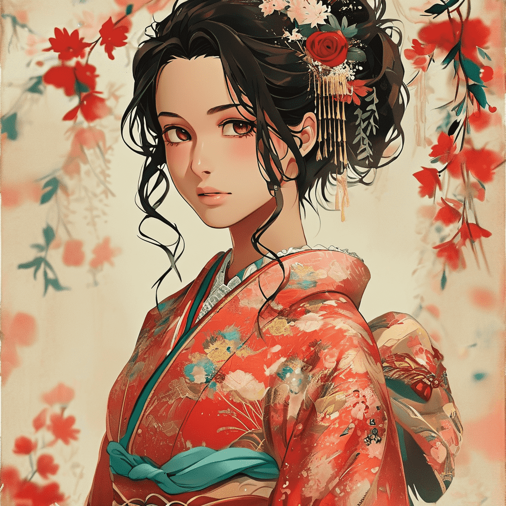 Elegant anime princess, traditional Japanese kimono, serene expression