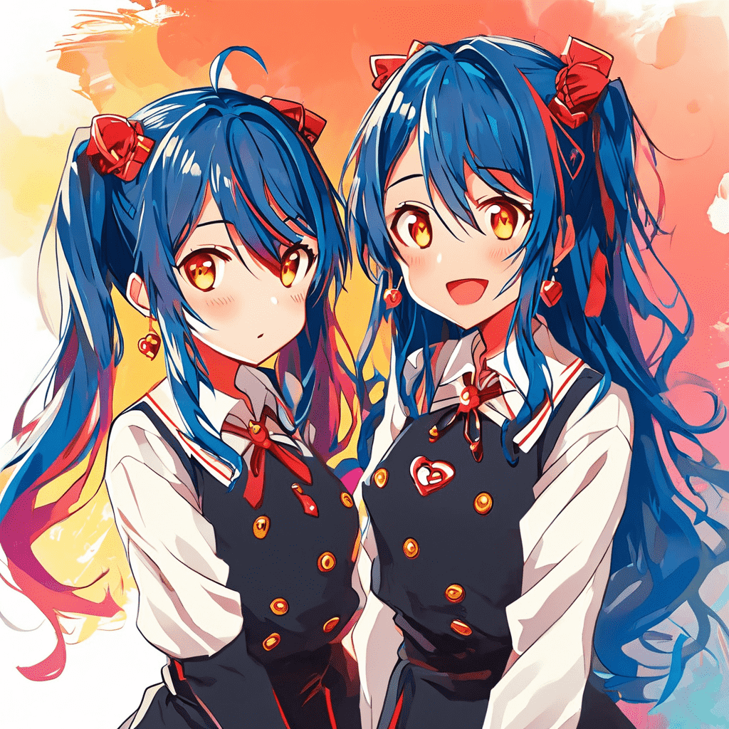 Twin anime girls, matching outfits, sisterly bond, colorful illustration